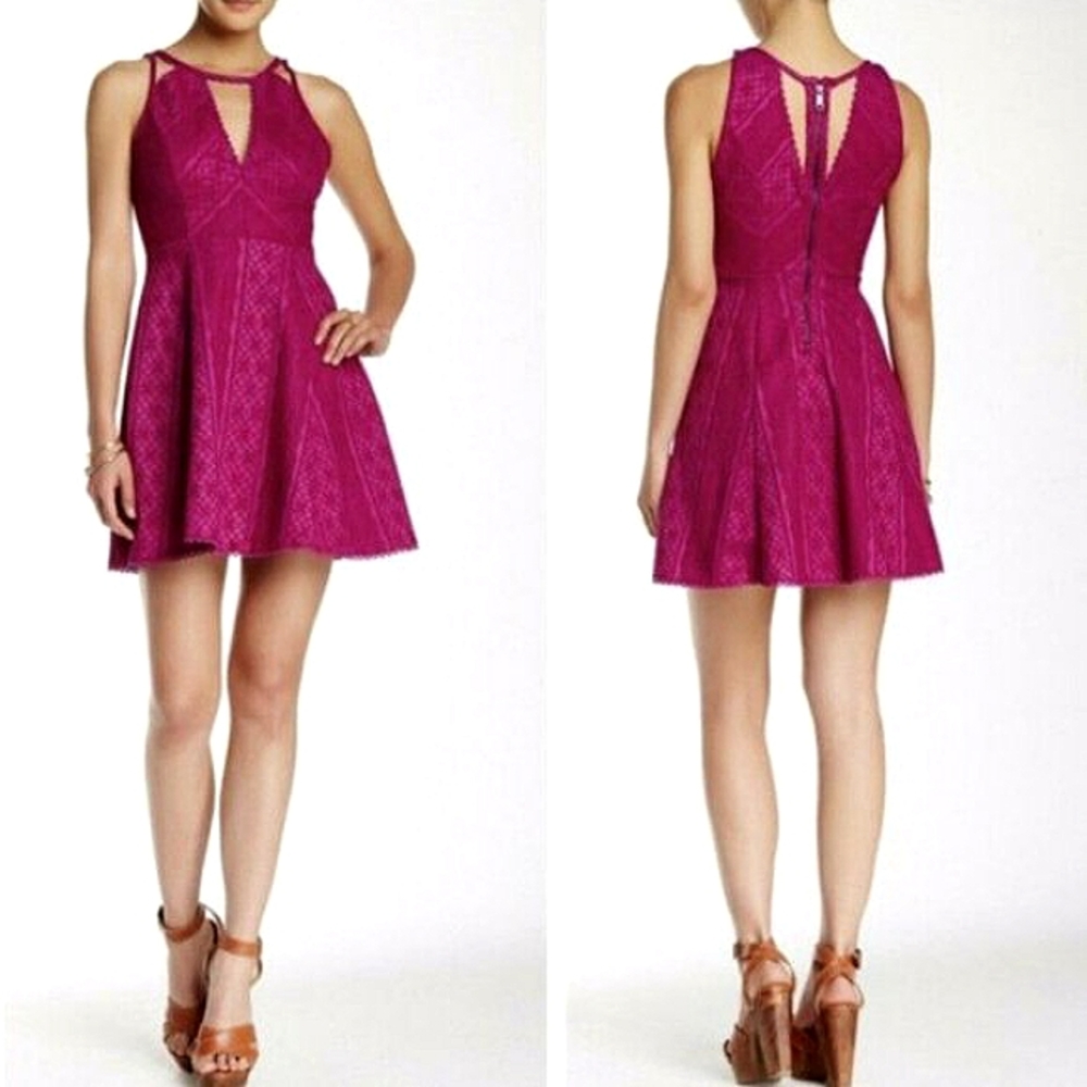 Free People Raspberry Magenta Pink Lace Overlay, Fit & Flare  Mini Dress size 0